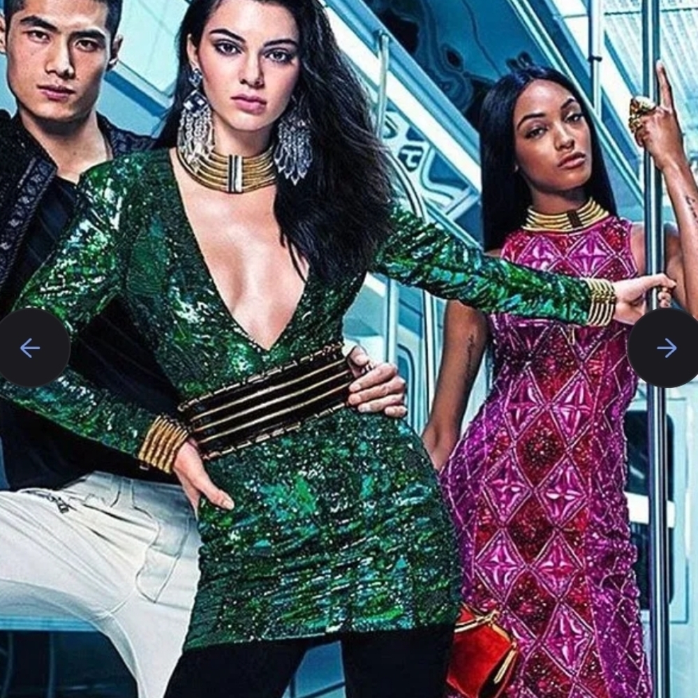 Balmain × H&M 2015 Runway Green Sequin Zipper Plunge Dress